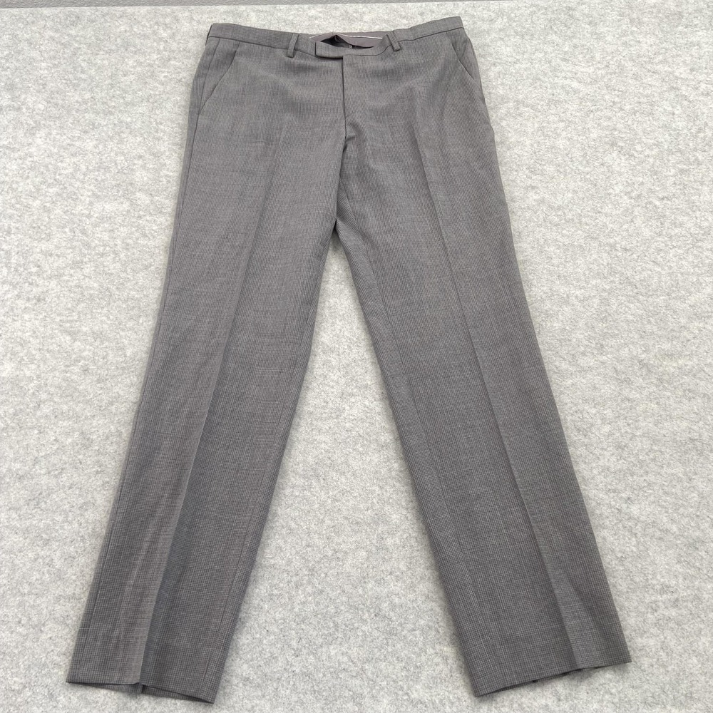 Hugo Boss Pants Mens 36x32 Gray Check Wool Dress Slacks Flat Front Lined